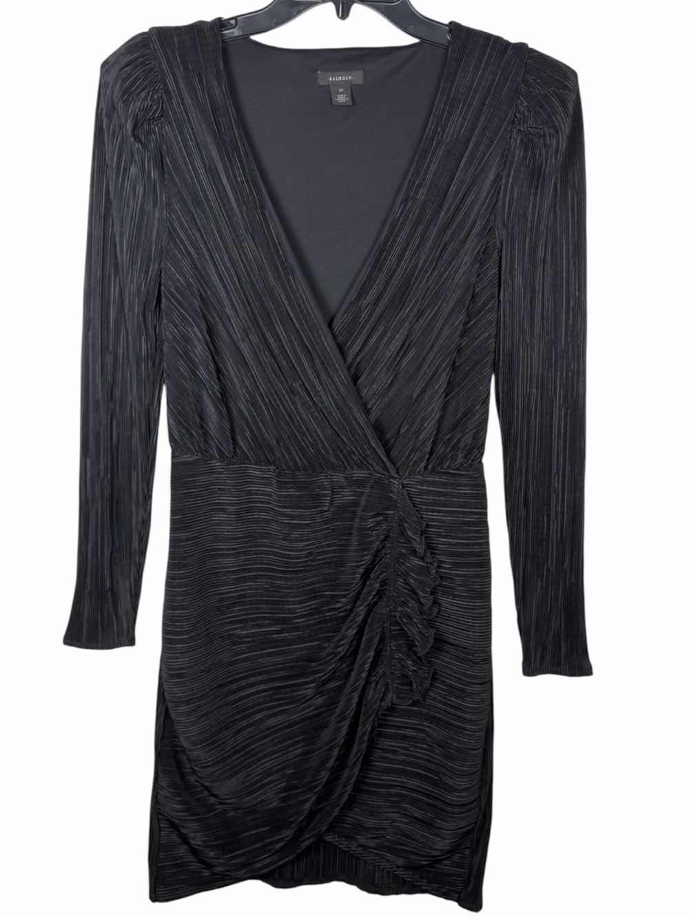 Halogen NWOT Women’s Plisse Black Long Sleeve Mini Dress W/Faux Wrap. Size XS.